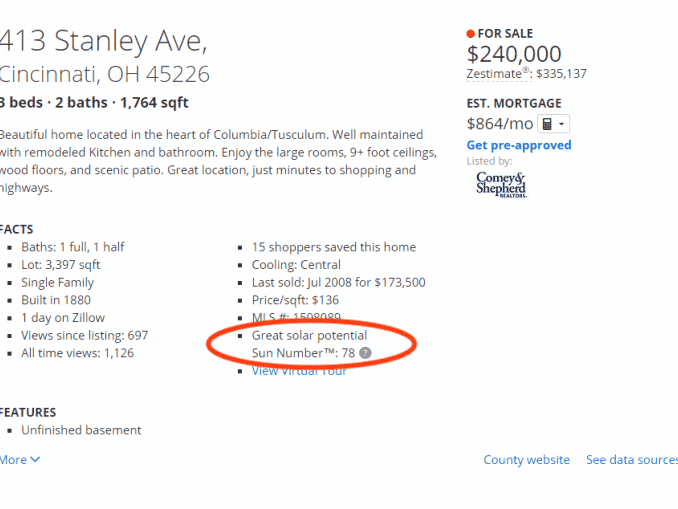 Zillow’s Sun Number feature